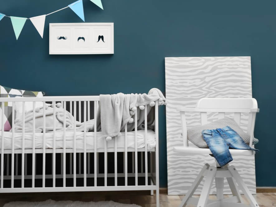 Deep_Navy_Blue_Nursery_White_Cot_Grey_Blanket_Pillow_chair_mustache_artwork_flags_rug